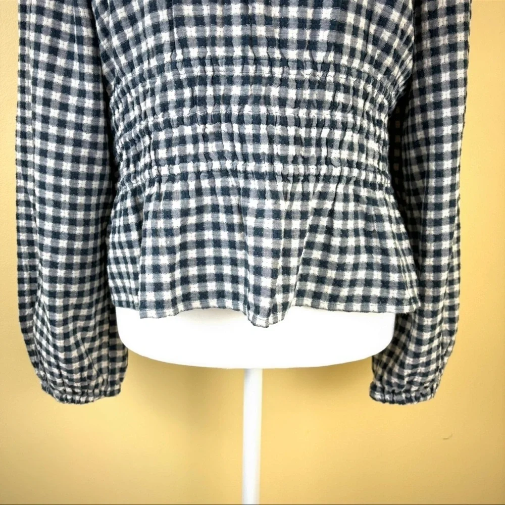 Madewell Black and White Gingham Smocked Peplum Blouse